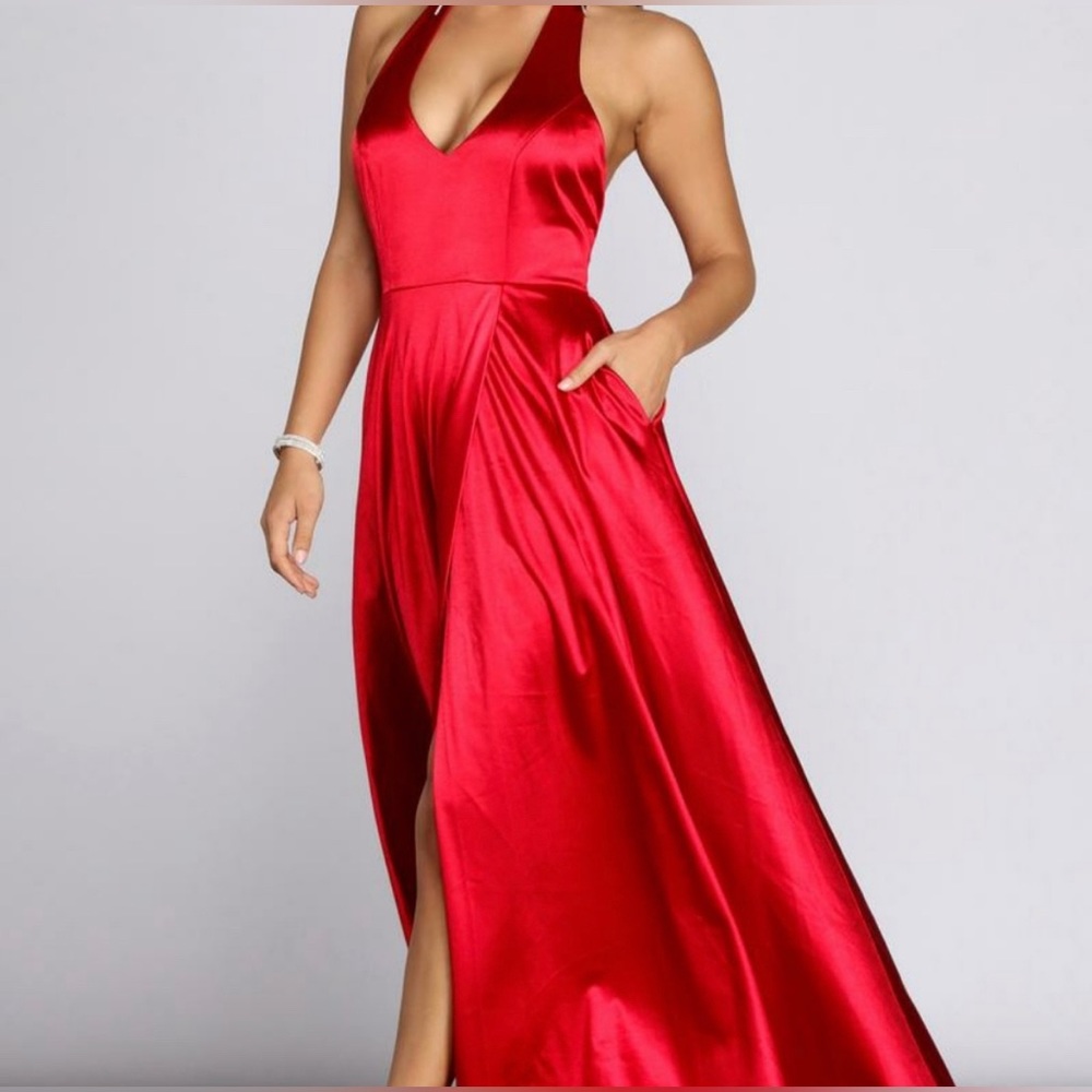 Red Satin Halter Formal Dress